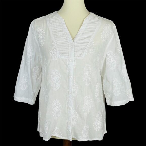 Alfred Dunner 3/4 Sleeve Sheer Top Sz 16P White Embroidered Pintuck Gauzy Beach - Picture 2 of 6